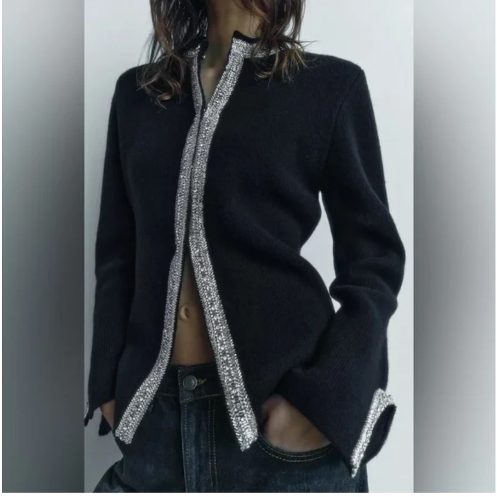 Zara Black 100% Wool Beaded Embellished Jacket Sweater